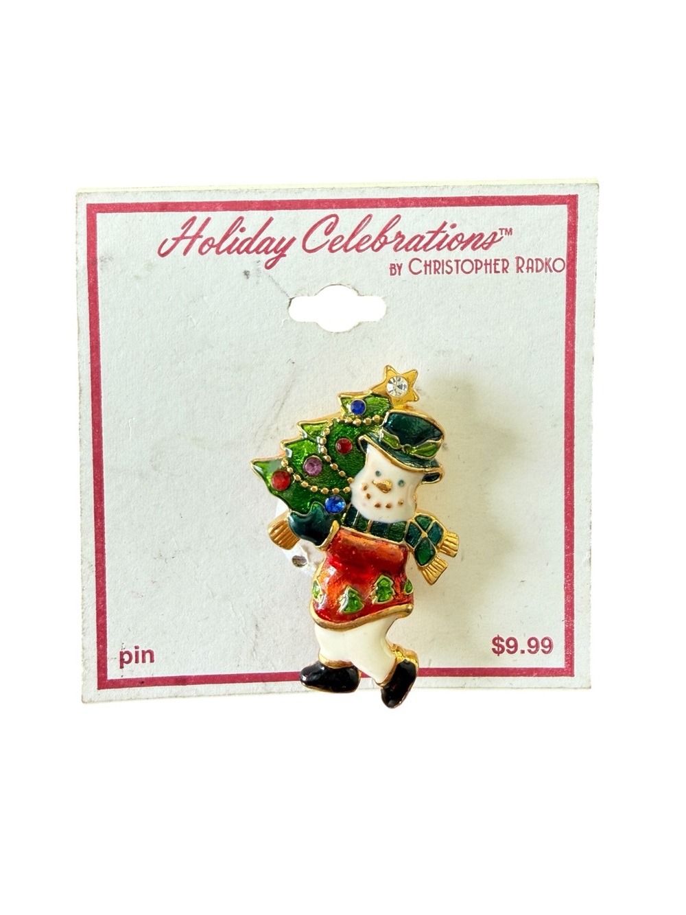 Vintage Christopher Radko Snowman Christmas Tree Brooch Pin Holiday Celebrations